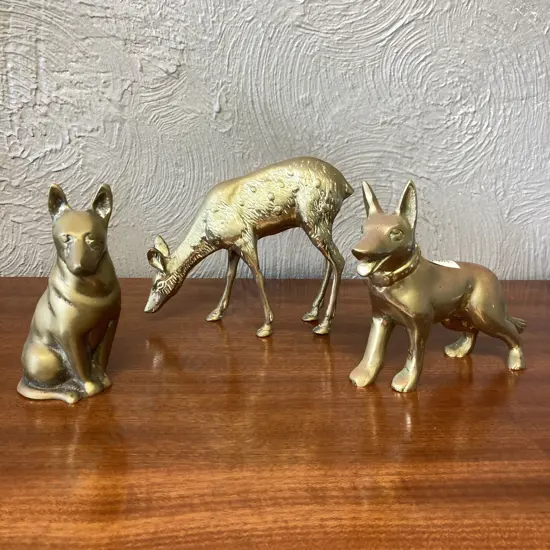 Brass Deer (14 x 19cm) & Pair of Brass Dogs